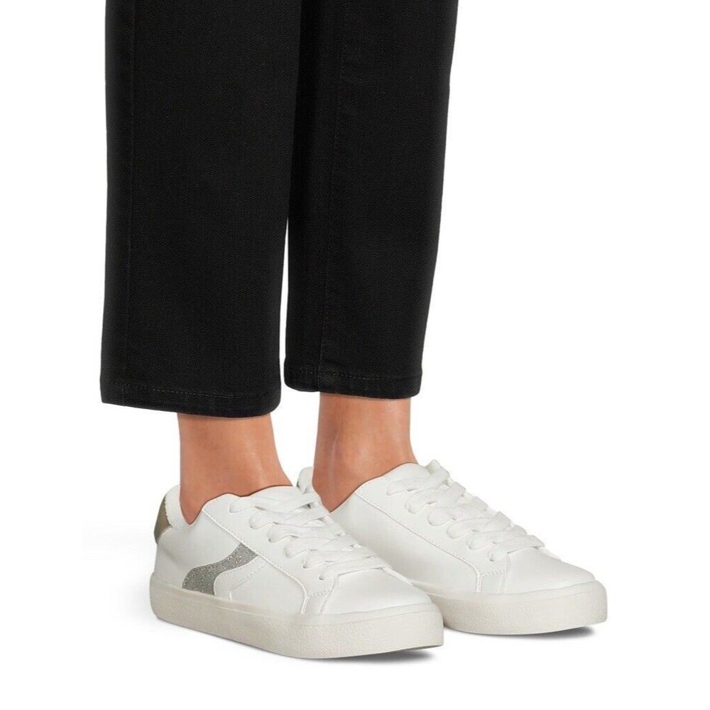 Time and Tru Sz 10 Women's Metallic Fashion Lace Up Casual Comfort Sneaker White